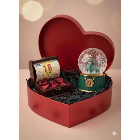 ORİJİNAL TAKVİM YAPRAĞI VE KAR KÜRESİ KALPLİ KUTULU