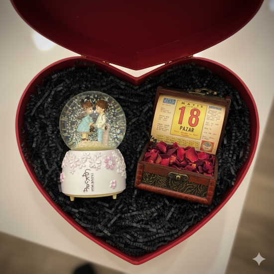 ORİJİNAL TAKVİM YAPRAĞI VE KAR KÜRESİ KALPLİ KUTULU