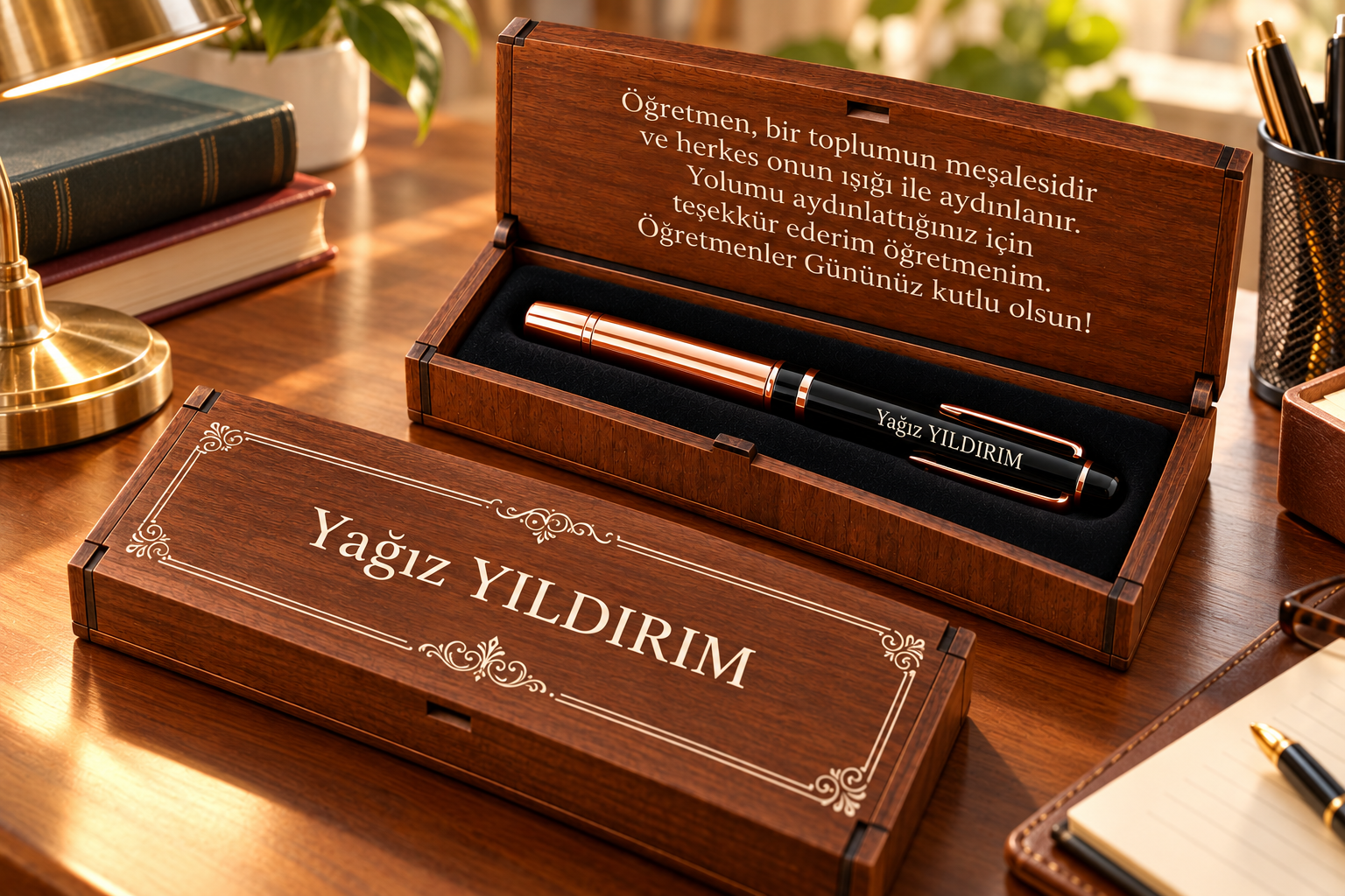 Kişiye Özel Ahşap Kutulu Öğretmen Kalem Seti ürün görseli
